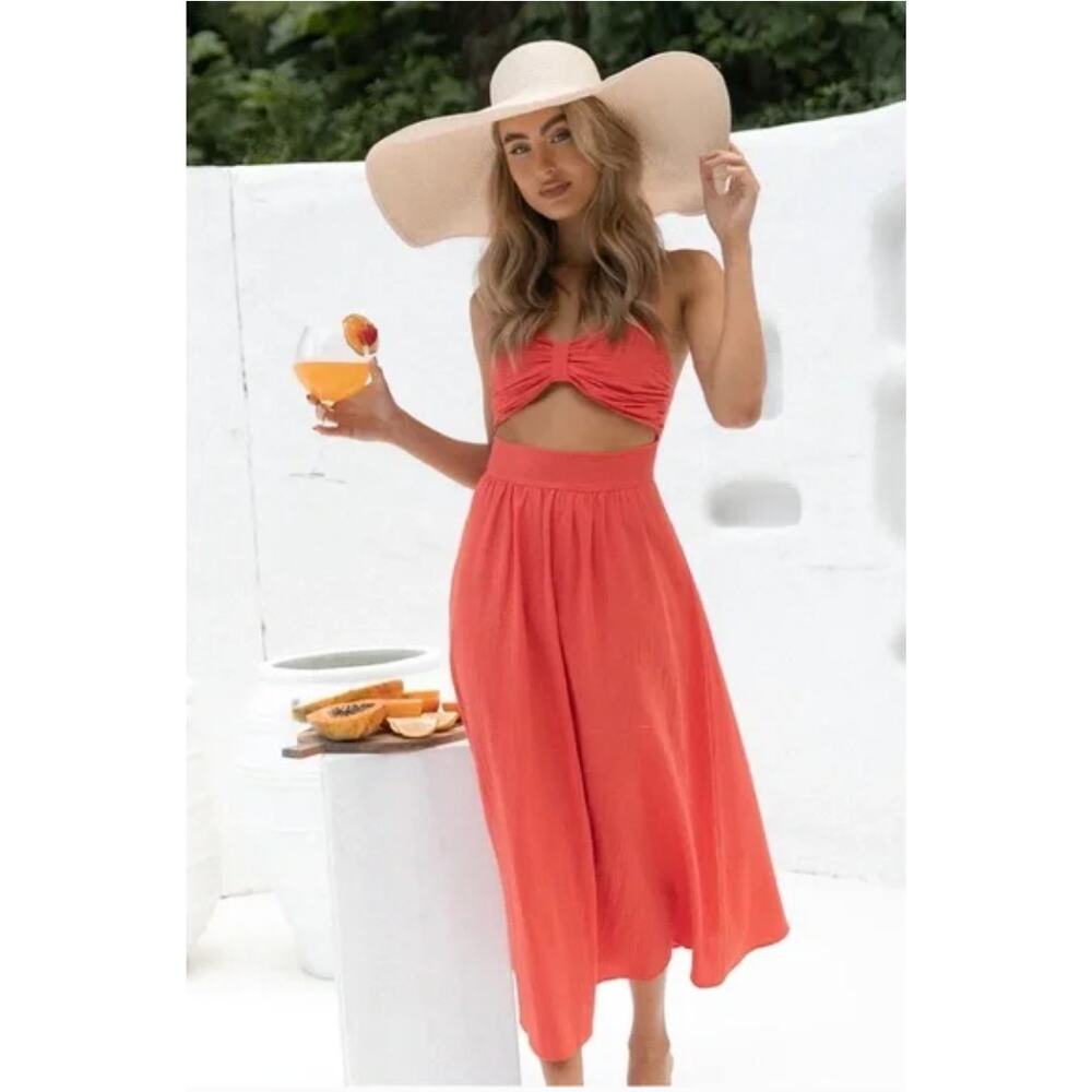 SNDYS Everyday | Boat cut out dress in Spice Orange Cotton Sundress | Large
